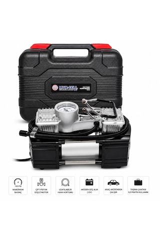 Mur-cell Çift Pistonlu Pro Seri 12v Lastik Şişirme Kompresörü Seti Hava Pompası