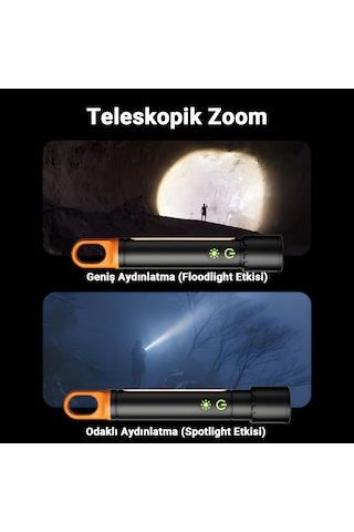 X725 Çok Fonksiyonlu Şarjlı Kamp El Feneri 750 Lm Led, Yan Lamba, Su Geçirmez, Powerbank Siyah