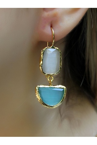 İkili Model Kedigözü Cam Sallantılı Kadın Küpe Euku26m Mavi