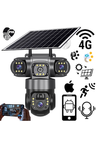9mp Üçlü Lensli, Güneş Enerjili Ptz Güvenlik Kamerası. Sım Kart İle Her Yerden 7/24 Net İzleme Ve Gece Görüşü.