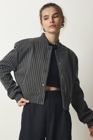 Rovebella Bellissimo Çizgili Gri Kaşe Crop Ceket