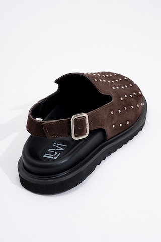 Luvishoes Our Kahverengi Hakiki Deri Süet Zımbalı Burnu Kapalı Kadın Sandalet Kahverengi