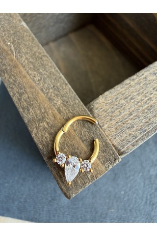 %100 316 L Cerrahi Çelik Markiz Badem Zirkon Taşlı Kilitli Halka Piercing Altın