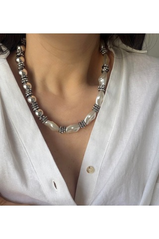 Taşlı İncili Mix Kolye Silver
