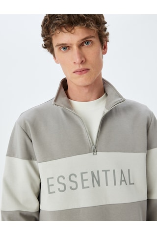 Koton Renk Bloklu Yarım Fermuarlı Pamuklu Slogan Baskılı Sweatshirt Gri 5sam70009mk Gri
