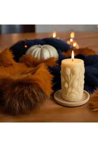 El Yapımı Dekoratif Sütun Mum, Çiçek Oymalı Soya Mumu