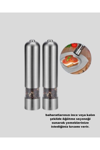 Modern Otomatik Baharat Öğütücü Seti Pilli Paslanmaz Çelik Led Aydınlatmalı Gri
