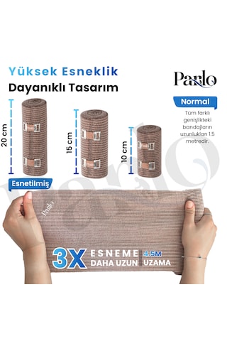 Parlo Elastik Bandaj 3 Lü Set 10-15-20 Cm %300 Esnek, 4,5 M Ye Kadar Uzayan, Metal Kancalı Destek Sargı Seti