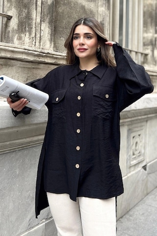 WeShaya Kadın Siyah Balon Kol, Pileli, Yırtmaçlı, Oversize, Keten Tunik Gömlek Siyah