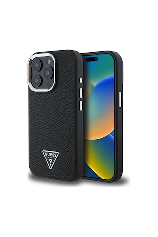 Apple Uyumlu iPhone 14 Pro Max Kılıf Guess Lisanslı M-safe Şarj Özellikli Grained Triangle Kapak Siyah