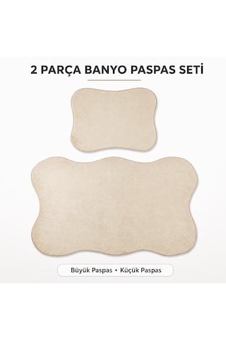 2 Li Banyo Paspası Halısı Seti Kaymaz Tabanlı Yıkanabilir Klozet Takımı Bej