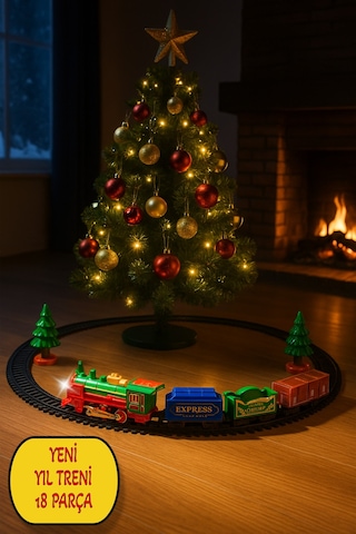 Işıklı Noel Tren Seti Yılbaşı Ağacı Yanı Raylı Oyuncak Pilli Tren Seti 18 Parça