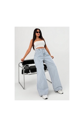 Kene Jeans Yüksek Bel Buz Kar Ön Arka Pensli Ön İşlemli Baggy Bol Paça Jeans Buz Kar