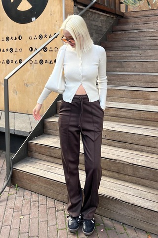 Madmext Kahverengi Beli Ayarlanabilir Geniş Paça Pantolon Mg2215 Kahverengi