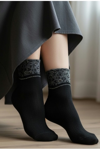 Heren Socks Heren Leopar Desenli , 2'li Taşlı Kadın Soket ,parfüm Kokulu, Premium Serisi Beyaz - Siyah