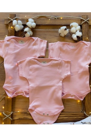 Betül Bebek Kısa Kollu 3'lü %100 Organik Pamuk Çıtçıtlı Bebek Body & Zıbın 3adet Pembe