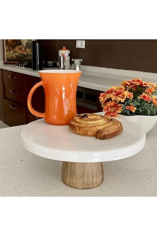 Akayev Mermer 28 Cm Konik Ahşap Ayaklı Beyaz Kalın Yuvarlak Sunum Tabağı Beyaz