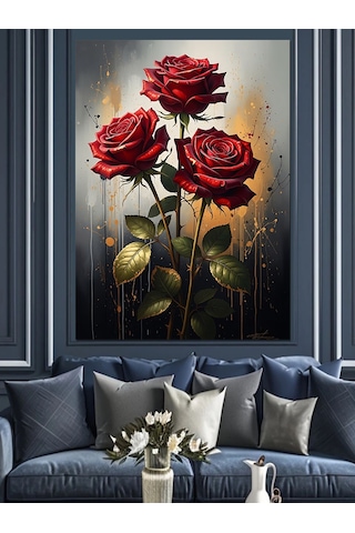 Ahşap Tablo Üç Kırmızı Canlı Gül Yiyecek Ve İçecek Tabloları