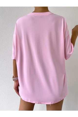 Flood Of Style Kadın Pembe Happıness Baskılı Oversize Tshirt