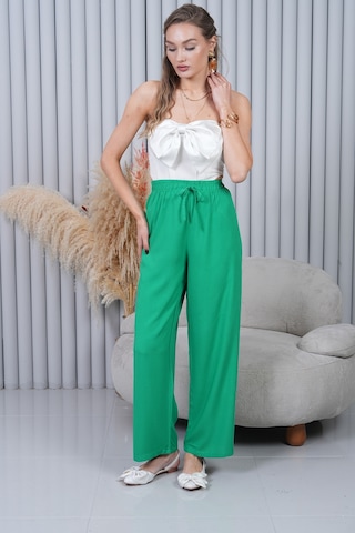 Polologin Butik Beli Bağcıklı Yüksek Bel Bol Paça Yeşil Pantolon Çok Renkli