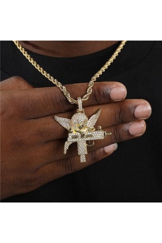 Hip Hop Buzlu Out Kübik Zirkonya Taş Bakır Guardian Melek Kolye Kolye Erkekler Kadınlar Ile 4mm Tenis Zincir Charm Takı Hediye Kolye Kolye Altın - Gümüş