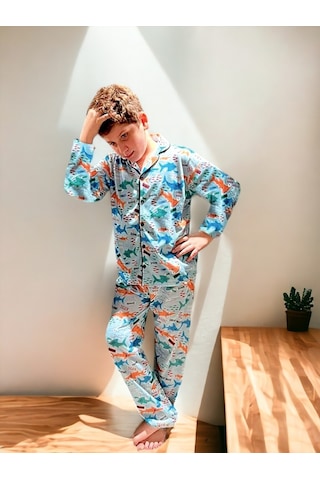 Lolliboomkids Yeni Sezon Erkek Çocuk Düğmeli Gömlek Yaka Pijama Takımı Shark / Deniz Canlıları Desenli Mavi