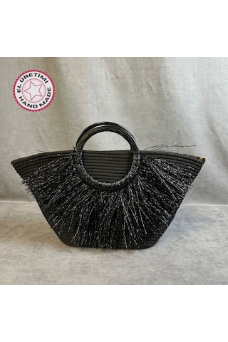 Uretti - Ayşe 4723 9052 El Yapımı Tress İp Yuvarlak Saplı Plaj Çantası - Siyah Siyah