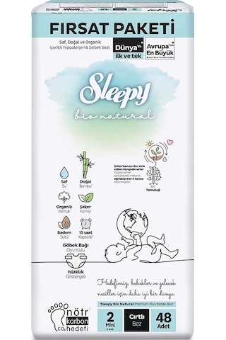 Sleepy Bebek Bezi Bio Natural Beden:2 3-6kg Mini 144 Adet 2 Numara 3'lü