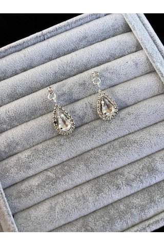 Gümüş Renk Düğün Nişan Kına Damla Taşlı Abiye Zirkon Taşlı Kadın Küpe Gümüş