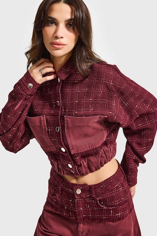 Kadın Bordo 6w6-35 Dokuma Denim Kumaş Karışımlı Önü Düğmeli Özel Tasarım Bomber Ceket
