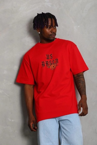 Erkek Baskılı Tişört Kısa Kol Bisiklet Yaka Oversize T-shirt - Kırmızı Kırmızı