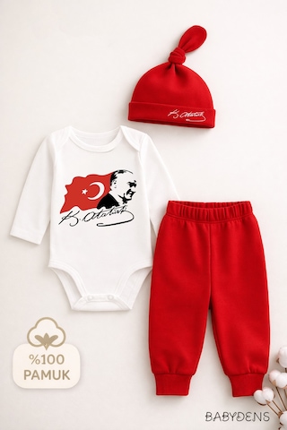 Babyden's Atatürk Baskılı 3 Lü Bebek Takımı %100 Pamuk Uzun Kollu Çıtçıtlı Body Pantolon Şapka Yenidoğan Seti Kırmızı - Beyaz