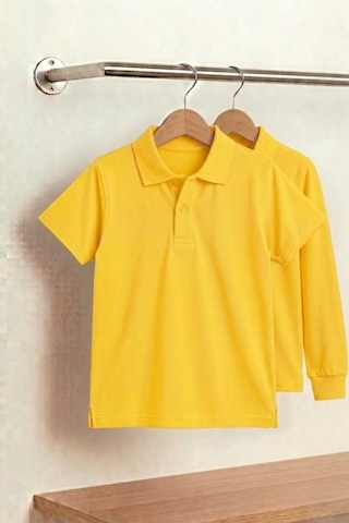 Nacar Store Unisex Çocuk Uzun Ve Kısa Kollu Polo Yaka Okul Tişörtü 2'li Set Orta Koyu Sarı