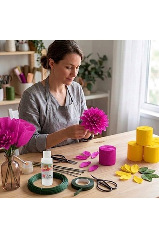 Fuşya Şerit Krapon Kağıdı Rulosu, Çiçek Yapım, Parti, El İşi Süsleme Kağıdı, 6 Adet, 4.5cm X 22metre