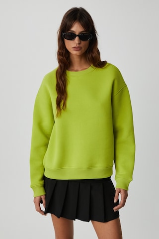 Grimelange VANELTINA Kadın İçi Polarlı 3 İplik Organik Pamuk Oversize Basic Bisiklet Yaka Fıstık Yeşili Sweatsh