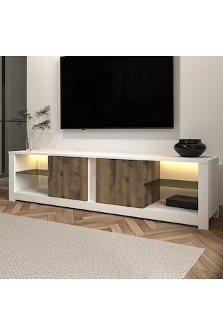 Aydos LED Işıklı Modern TV Sehpası – Cam Raflı, 2 Kapaklı, 180 cm, Beyaz/Antik Ceviz