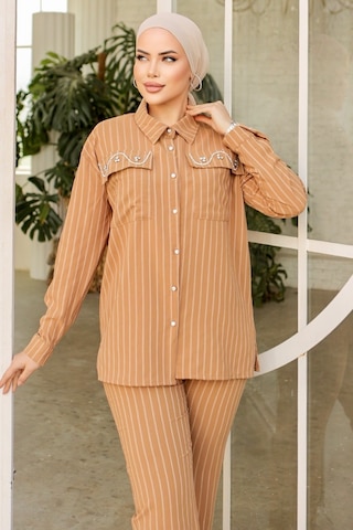Bestenur Taşlı Keten Tunik Pantolon İkili Takım 834 - Vizon Vizon