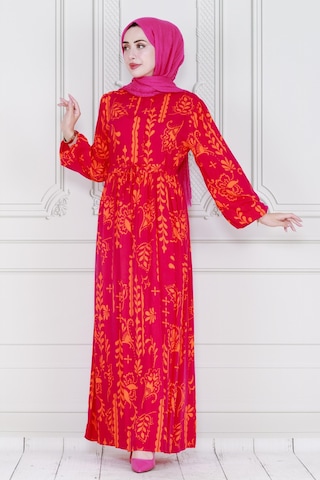 Sevitli Otantik Yarım Düğmeli Viscon Elbise-pembe-4012-pembe Pembe