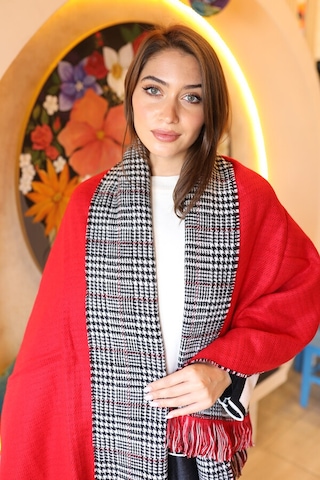 Çift Taraflı Kazayağı Desenli Atkı Omuz Şalı 70x185 CM 1212 Kırmızı