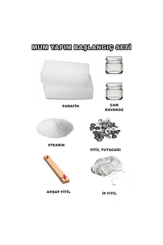 Mum Yapım Seti,1Kg Mum Parafini,Fitil,Çıtçıt,Kavanoz,Stearin