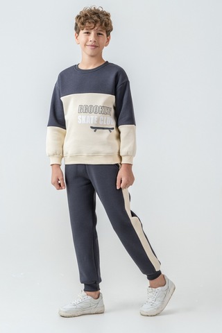 Erkek Çocuk Brooklyn Skat Clup Baskılı 3 İplik Kalın Kışlık Eşofman Takımı Ak4228 Füme