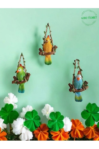 3 Adet Dekoratif Sallanan Duvar Ve Bahçe Süsü Kuş Biblo Yeşil