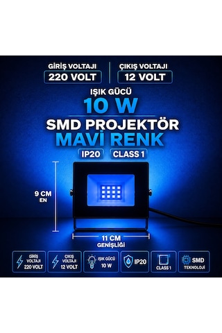 Vıp Mavi Renk Mini Led Projektör 10 Watt Ip20 11x9 Cm Mavi Led Işık 220 Volt Giriş 12 Volt Çıkışlı