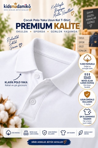 Kidsmadamiko Kız Çocuk Kız Çocuk Polo Yaka T-shirt Uzun Kollu Manşetli %100 Beyaz