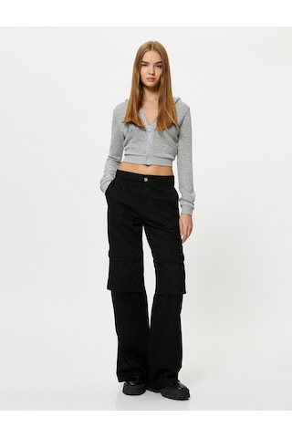 Koton Crop File Kapşonlu Fermuarlı Sweatshirt Simli Slim Fit Gri 4wal10758ık 4WAL10758IK031 Gri
