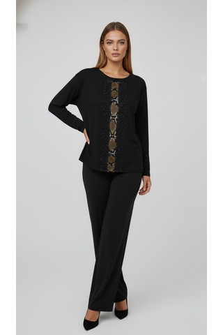 Taş Desenli Uzun Kollu Bambu Viskon Kumaş Bluz Siyah 2
