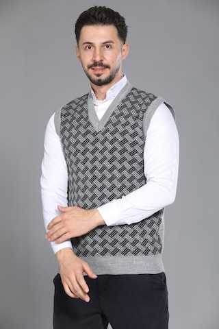 Kzc Tekstil Erkek Baba Ve Orta Yaş Desenli Akrilik Kalın Dokulu V Yaka Triko Süveter Açık Gri