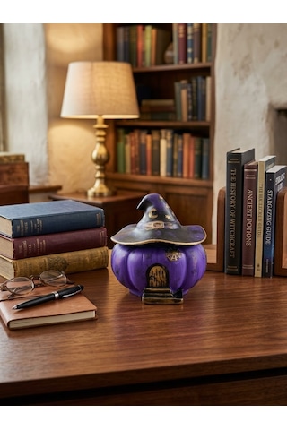 Mor Halloween Temalı Kapaklı Balkabağı Büyücü Şapkalı Dekoratif Obje Hediyelik Saklama Kutusu Biblo
