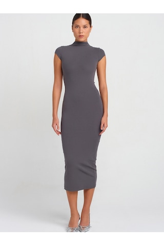 Dilvin 91296 Dik Yaka Midi Elbise Füme
