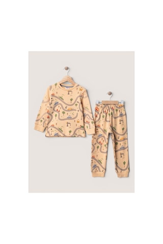 Mou&kou 1-4 Yaş Erkek Çocuk %100 Pamuk Penye Uzun Kollu Pijama Takımı Araba Desenli Turuncu
